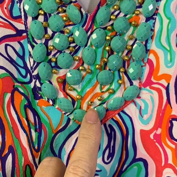 LILLY PULITZER Dress 4 Saemus What A Catch Beaded V-Neck Silk Lined Side Zip - Picture 12 of 16